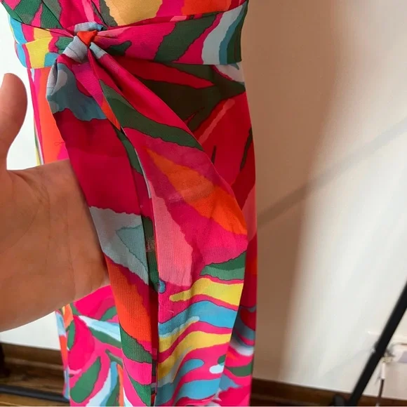 Vince Camuto Pink Tropical Print Wrap Midi Beach Vacation Wedding Event Dress - Picture 10 of 13